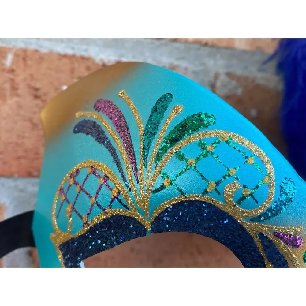 Pier 1 Mask Maschera Del Galeone Italy Hand-Painted Masquerade Blue Feathers